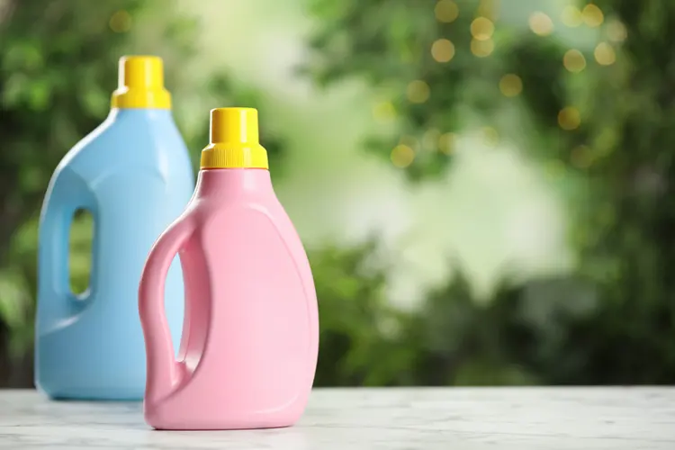 Bright eco detergent bottles on shelf